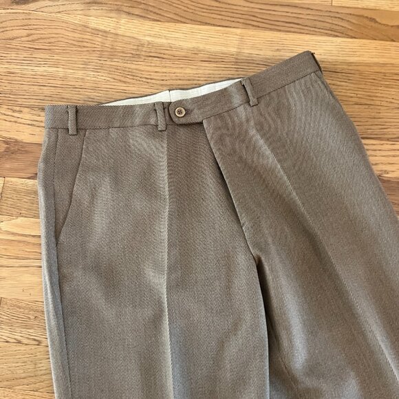 Mabitex Tasmanian Wool Twill Tan Cuffed Flat-Front Dress Pants - Men's 50/34x30 - Picture 4 of 9